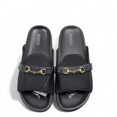 GUCCI Black Mesh Slides with Braided Strap & Gold Chain