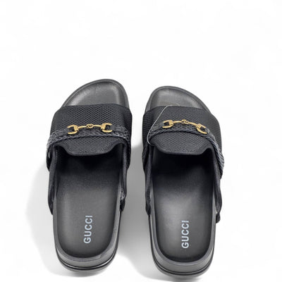 GUCCI Black Mesh Slides with Braided Strap & Gold Chain