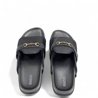 GUCCI Black Mesh Slides with Braided Strap & Gold Chain ✨ by