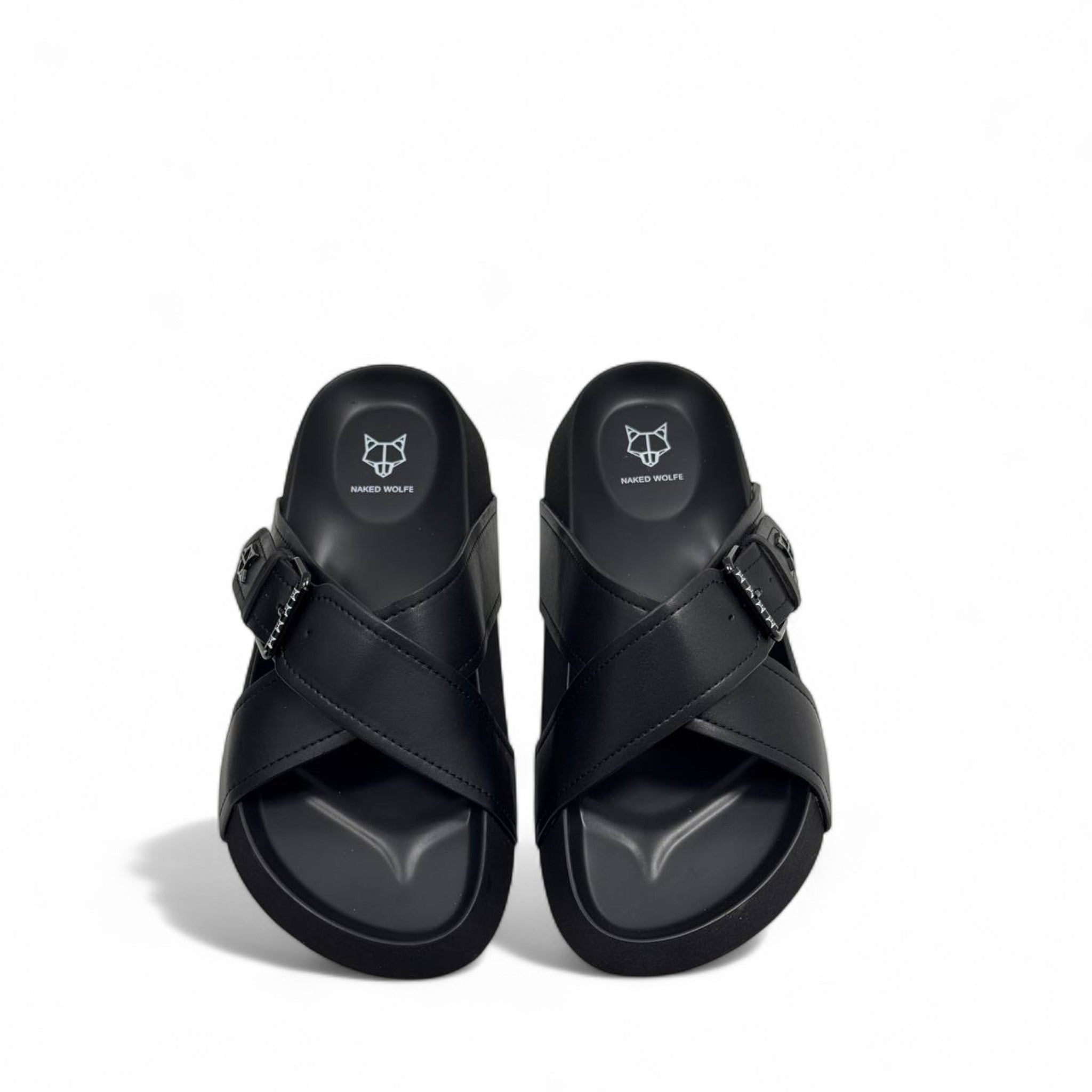 NAKED WOLFE Black Cross-Strap Slides with Logo Buckle 🐺 | Bold Urban Comfort