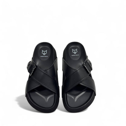 NAKED WOLFE Black Cross-Strap Slides with Logo Buckle 🐺 | Bold Urban Comfort