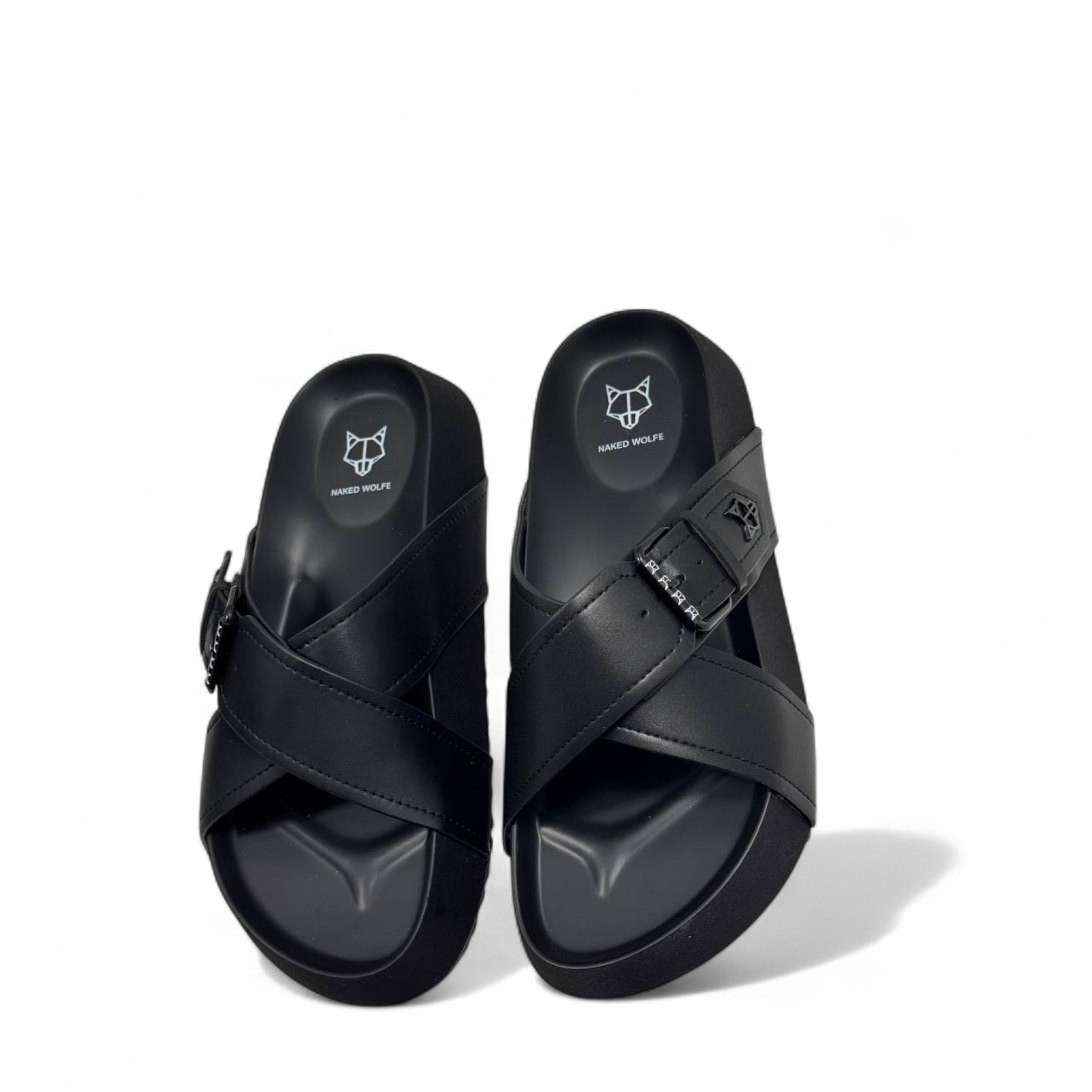 NAKED WOLFE Black Cross-Strap Slides with Logo Buckle 🐺 | Bold Urban Comfort