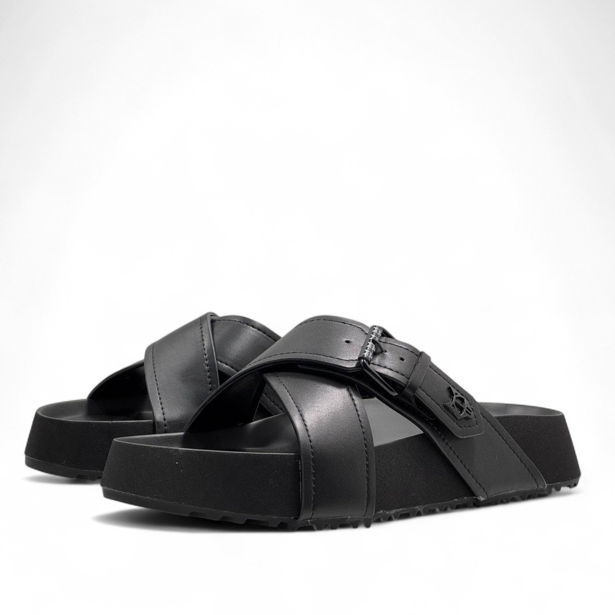 NAKED WOLFE Black Cross-Strap Slides with Logo Buckle 🐺 | Bold Urban Comfort