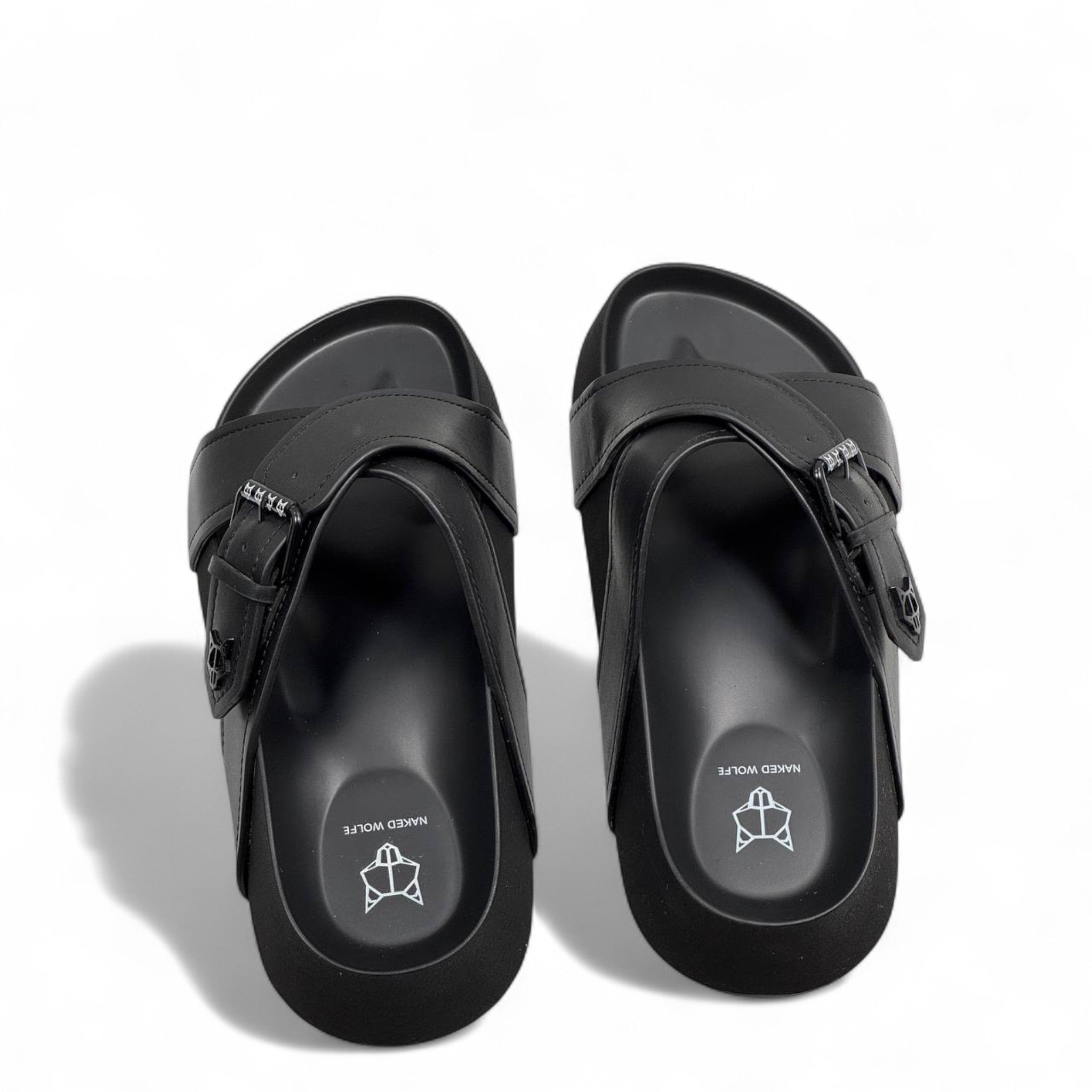 NAKED WOLFE Black Cross-Strap Slides with Logo Buckle 🐺 | Bold Urban Comfort