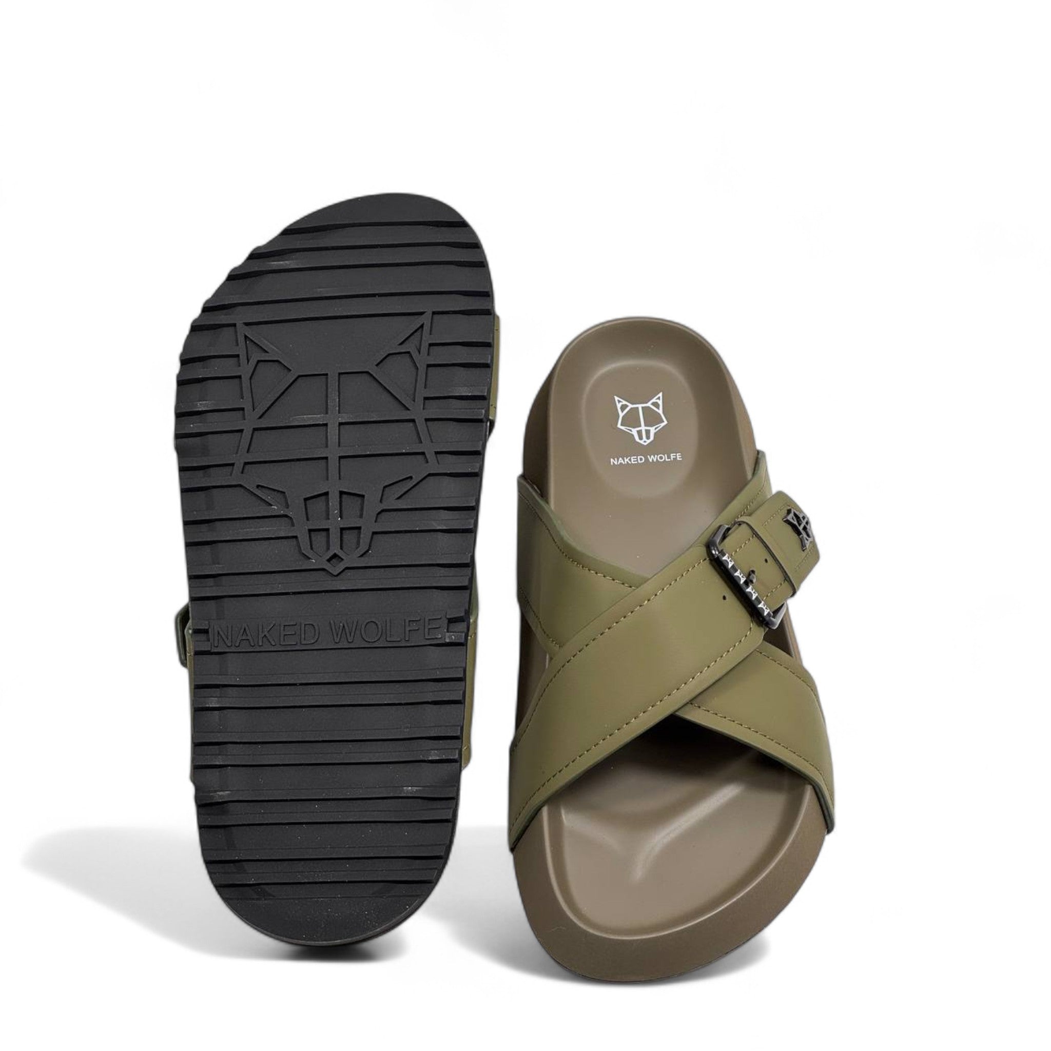 NAKED WOLFE Olive Green Cross-Strap Slides 🐺 | Urban Utility Meets Luxury