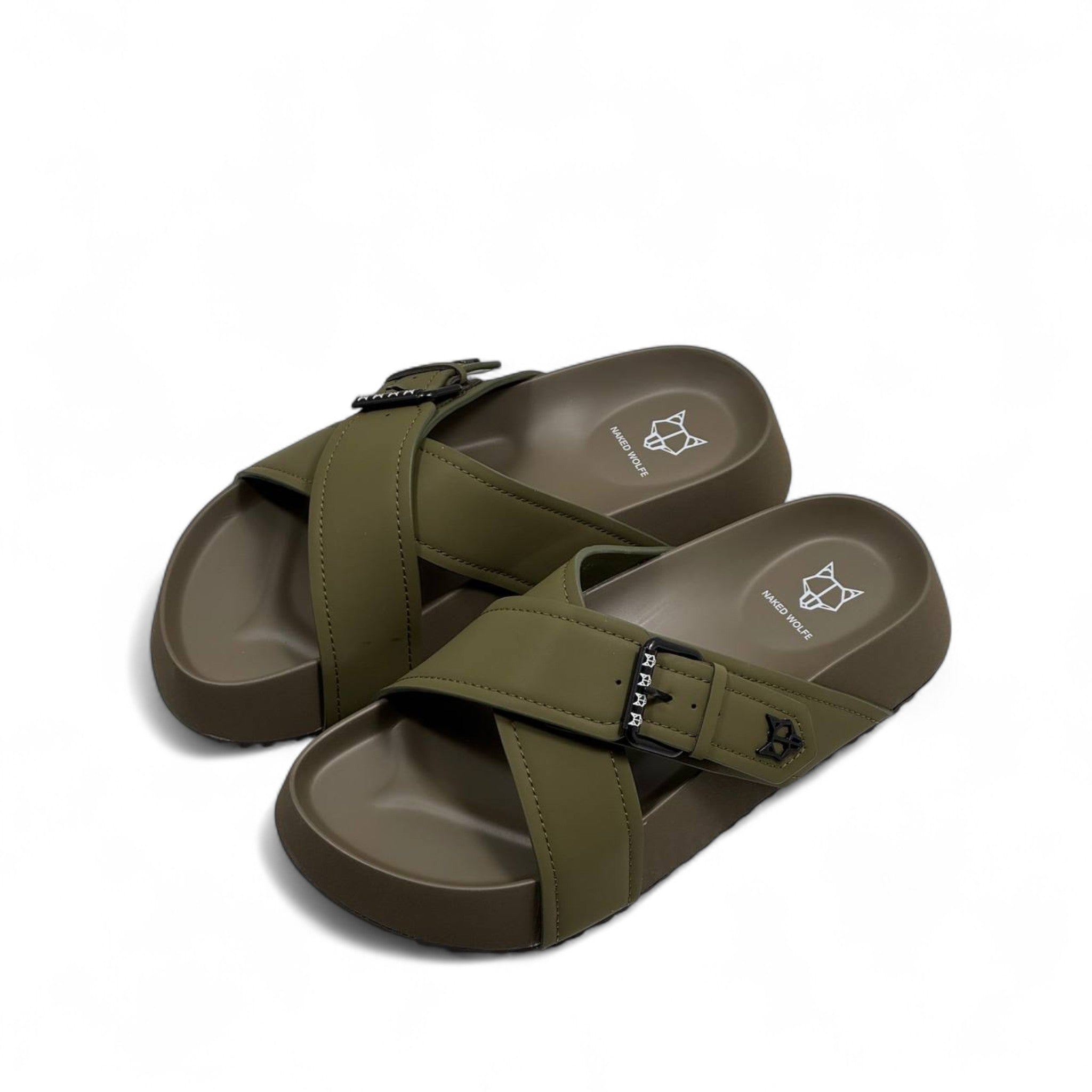 NAKED WOLFE Olive Green Cross-Strap Slides 🐺 | Urban Utility Meets Luxury