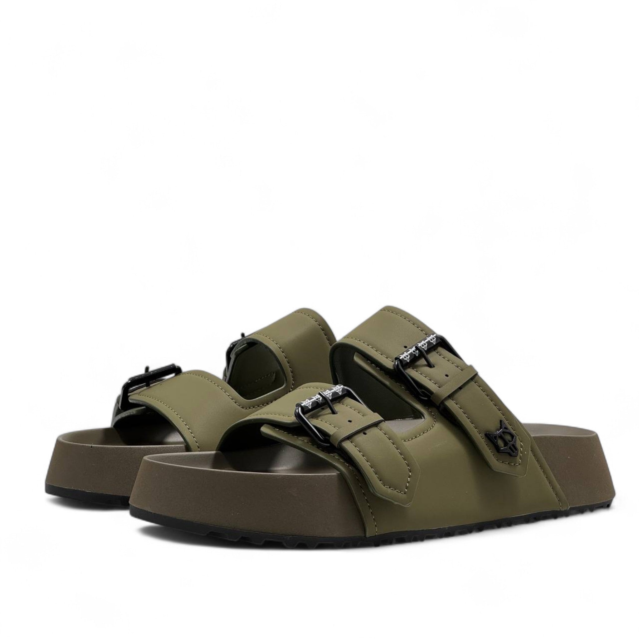 NAKED WOLFE Olive Double Buckle Slides 🐺 | Rugged Luxury Streetwear