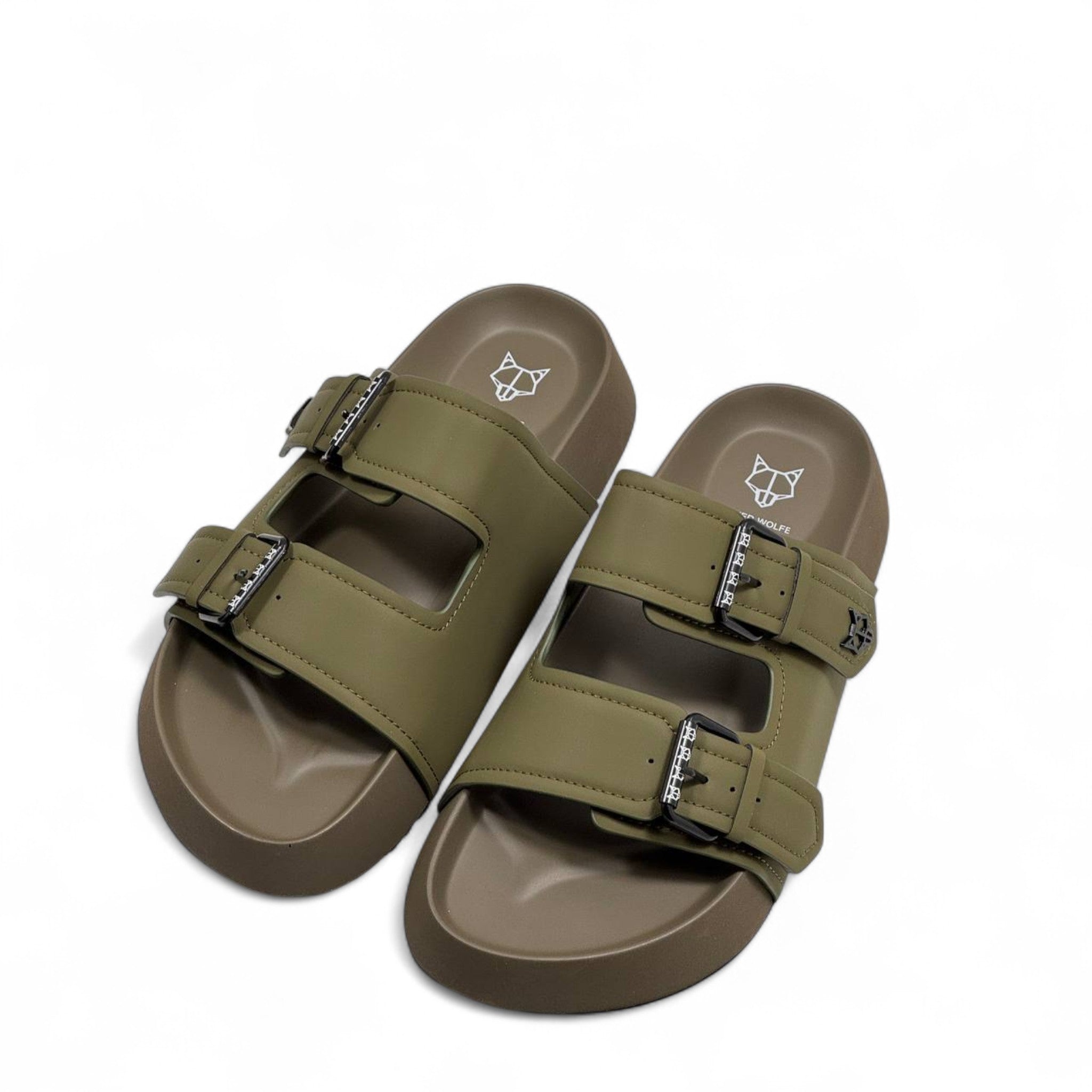NAKED WOLFE Olive Double Buckle Slides 🐺 | Rugged Luxury Streetwear