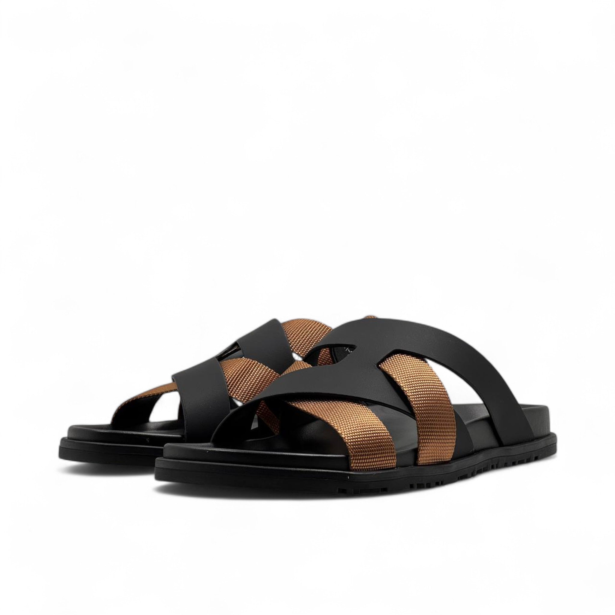 HERMÈS Black & Bronze Cross-Strap Sandals ✨ | Refined Contrast in French Luxury