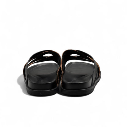 HERMÈS Black & Bronze Cross-Strap Sandals ✨ | Refined Contrast in French Luxury
