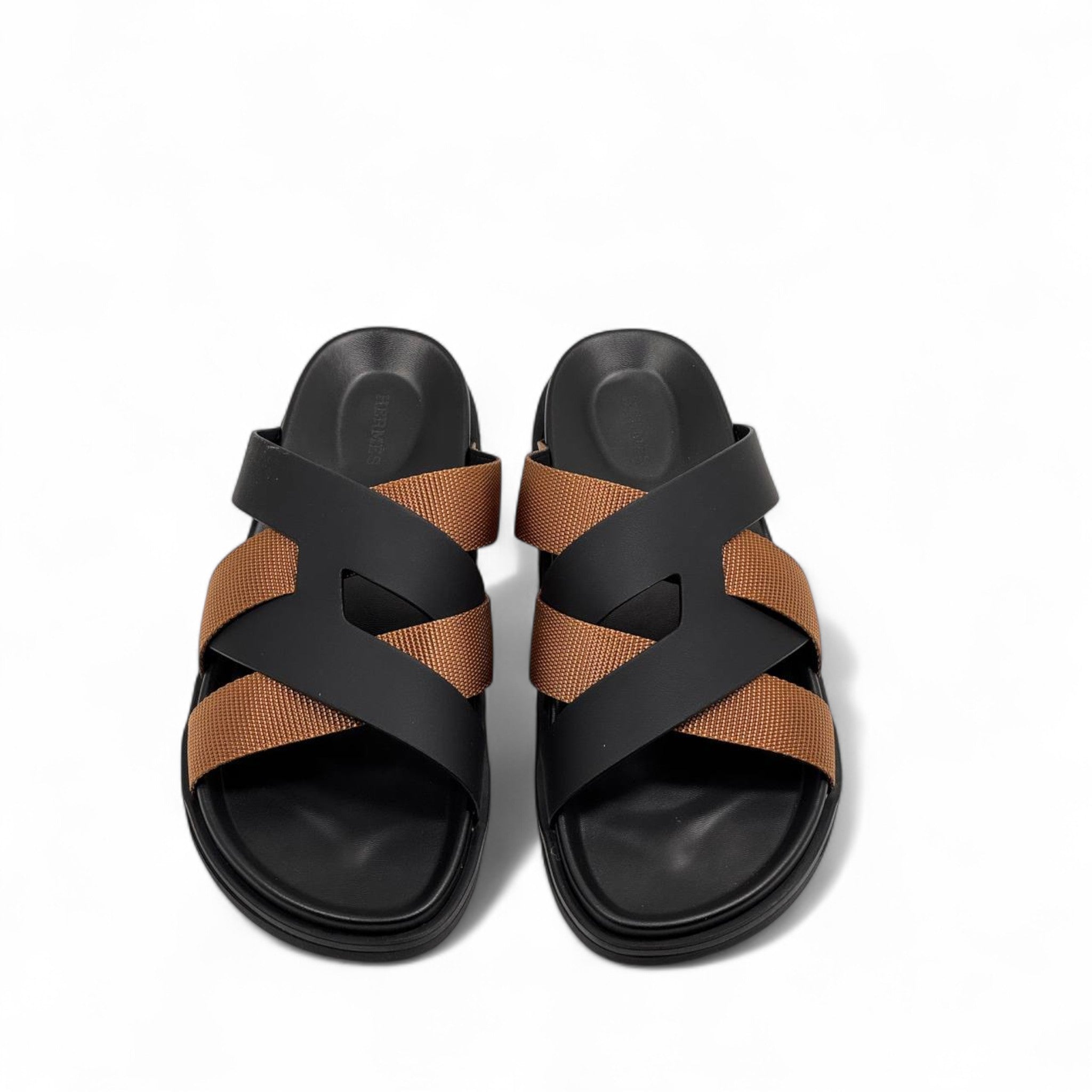 HERMÈS Black & Bronze Cross-Strap Sandals ✨ | Refined Contrast in French Luxury