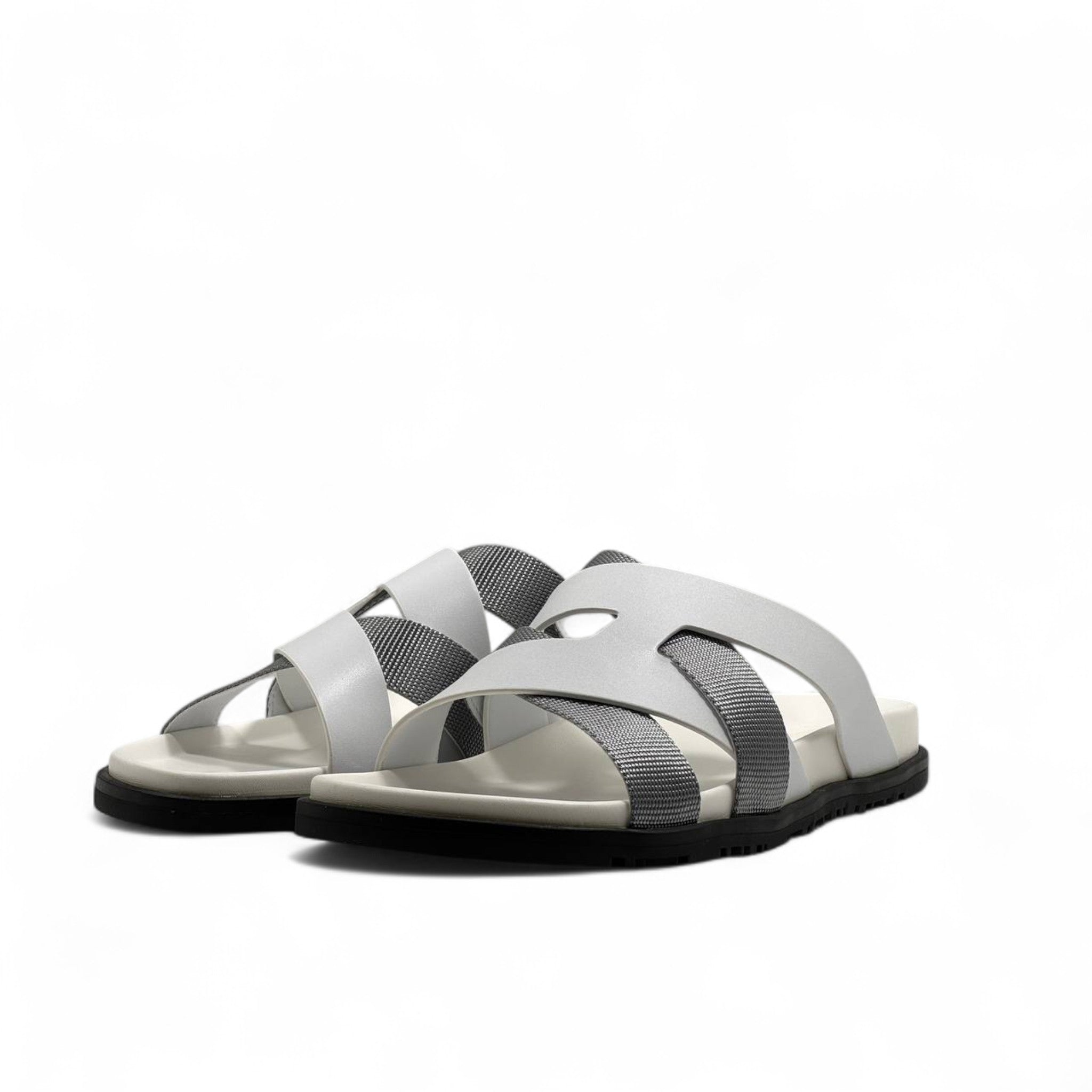 Hermès Inspired H Slide Sandals – White & Grey Elegance 👣🧡