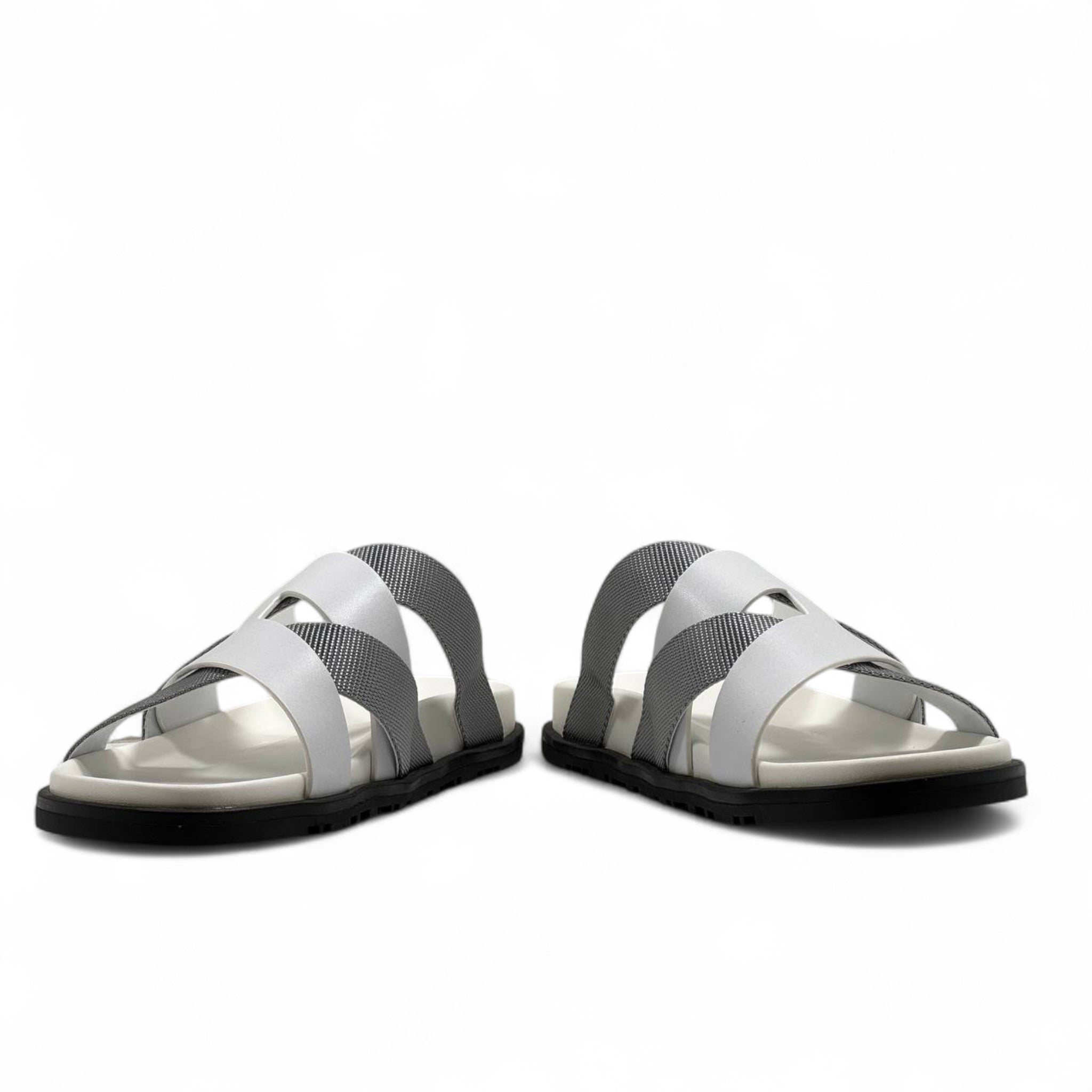 Hermès Inspired H Slide Sandals – White & Grey Elegance 👣🧡