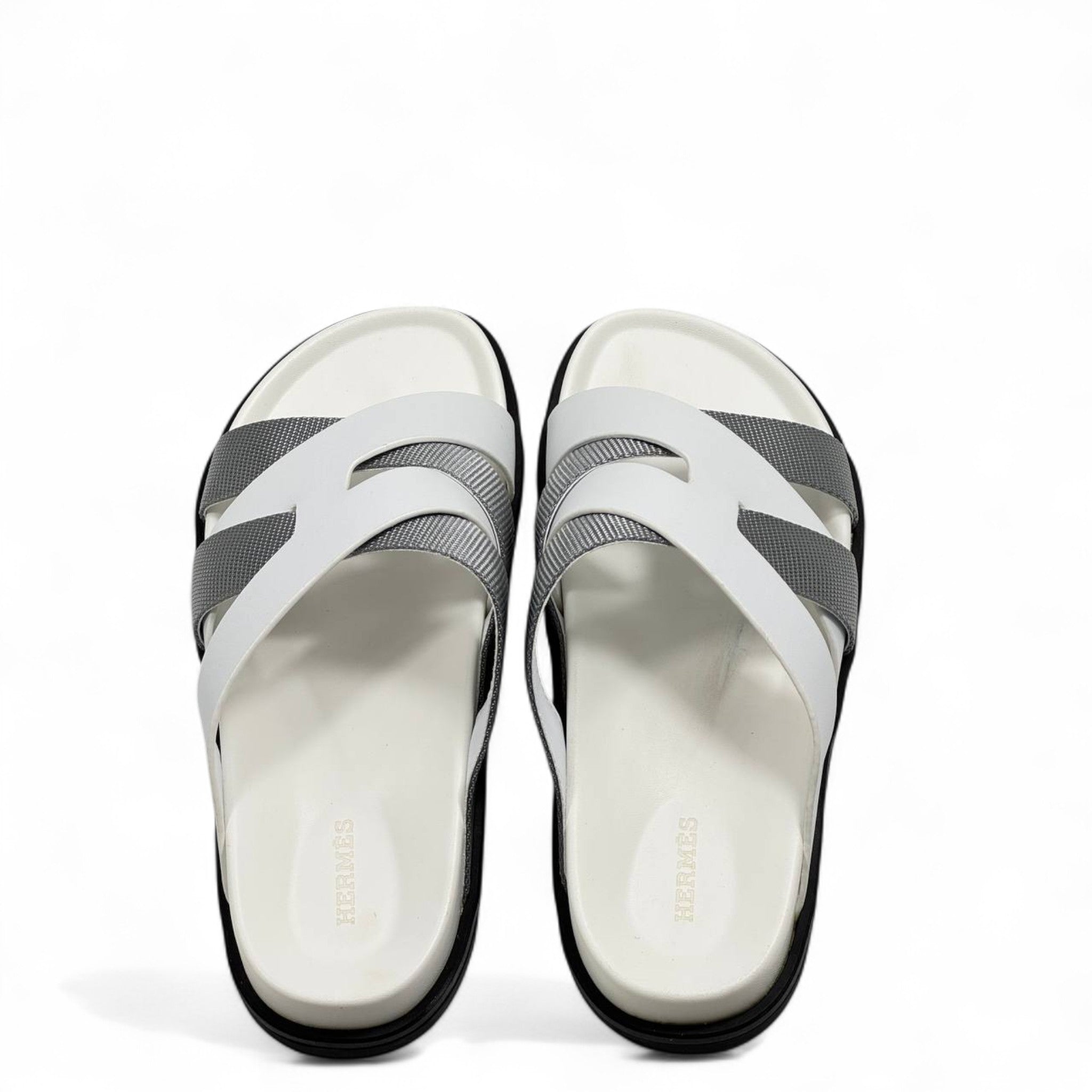 Hermès Inspired H Slide Sandals – White & Grey Elegance 👣🧡