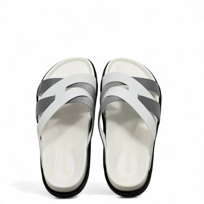 Hermès Inspired H Slide Sandals – White & Grey Elegance 👣🧡