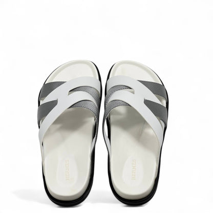 Hermès Inspired H Slide Sandals – White & Grey Elegance 👣🧡