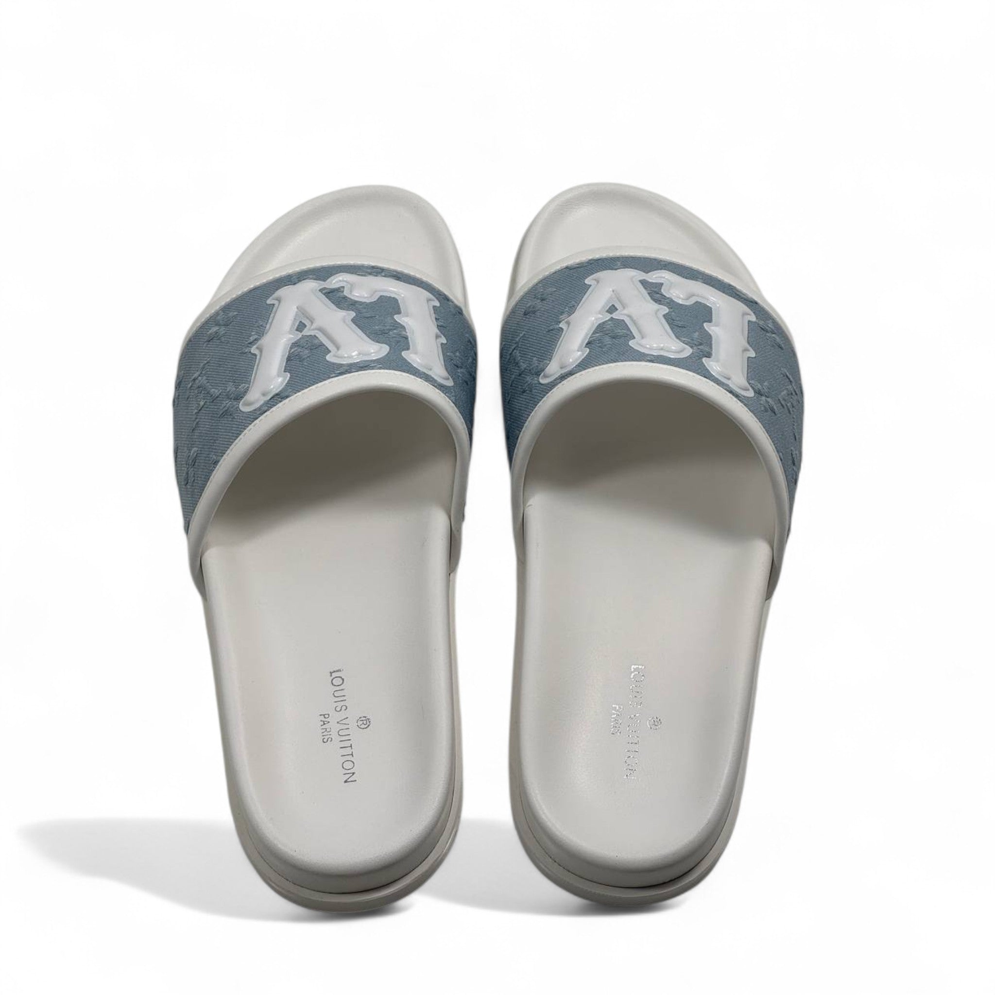 Louis Vuitton Denim Slide Slippers – Light Blue & White Comfort 🧊👟