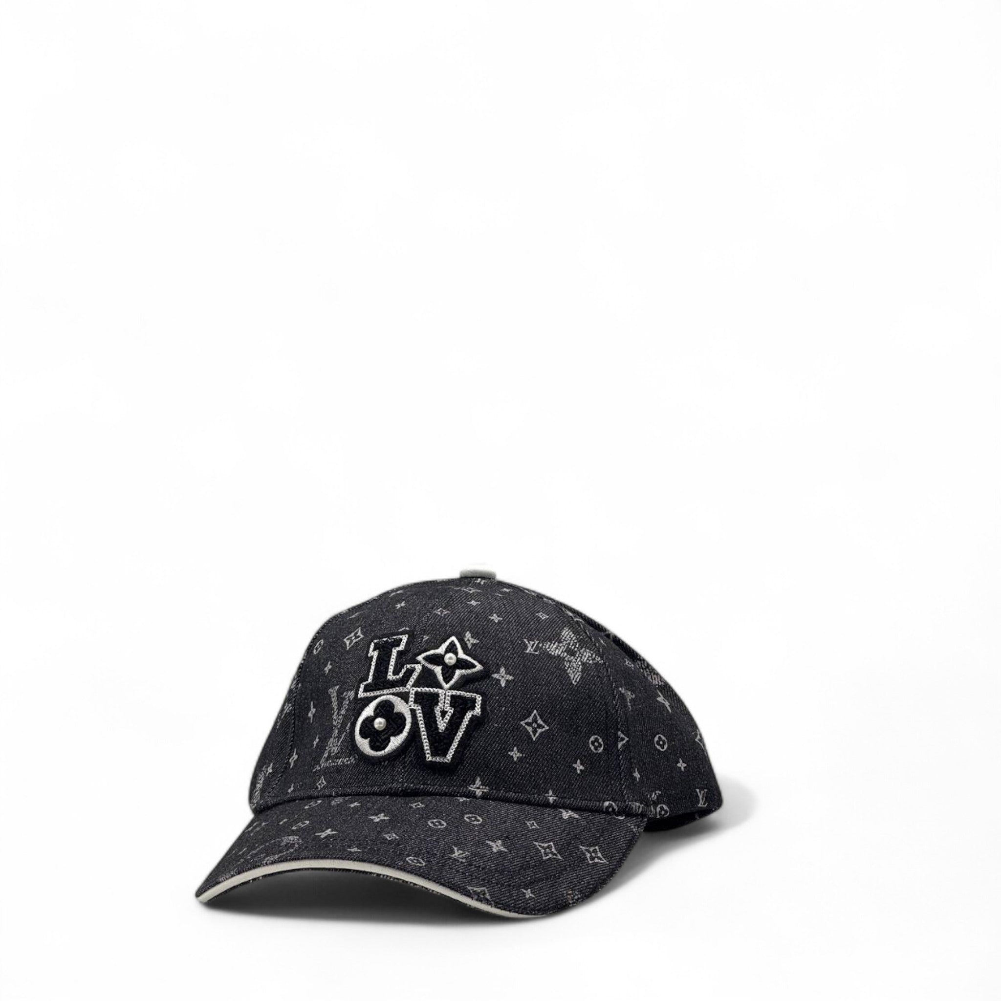Louis Vuitton Black Denim Monogram Cap 🖤 – "LOVE" Embroidered Luxury Streetwear Hat
