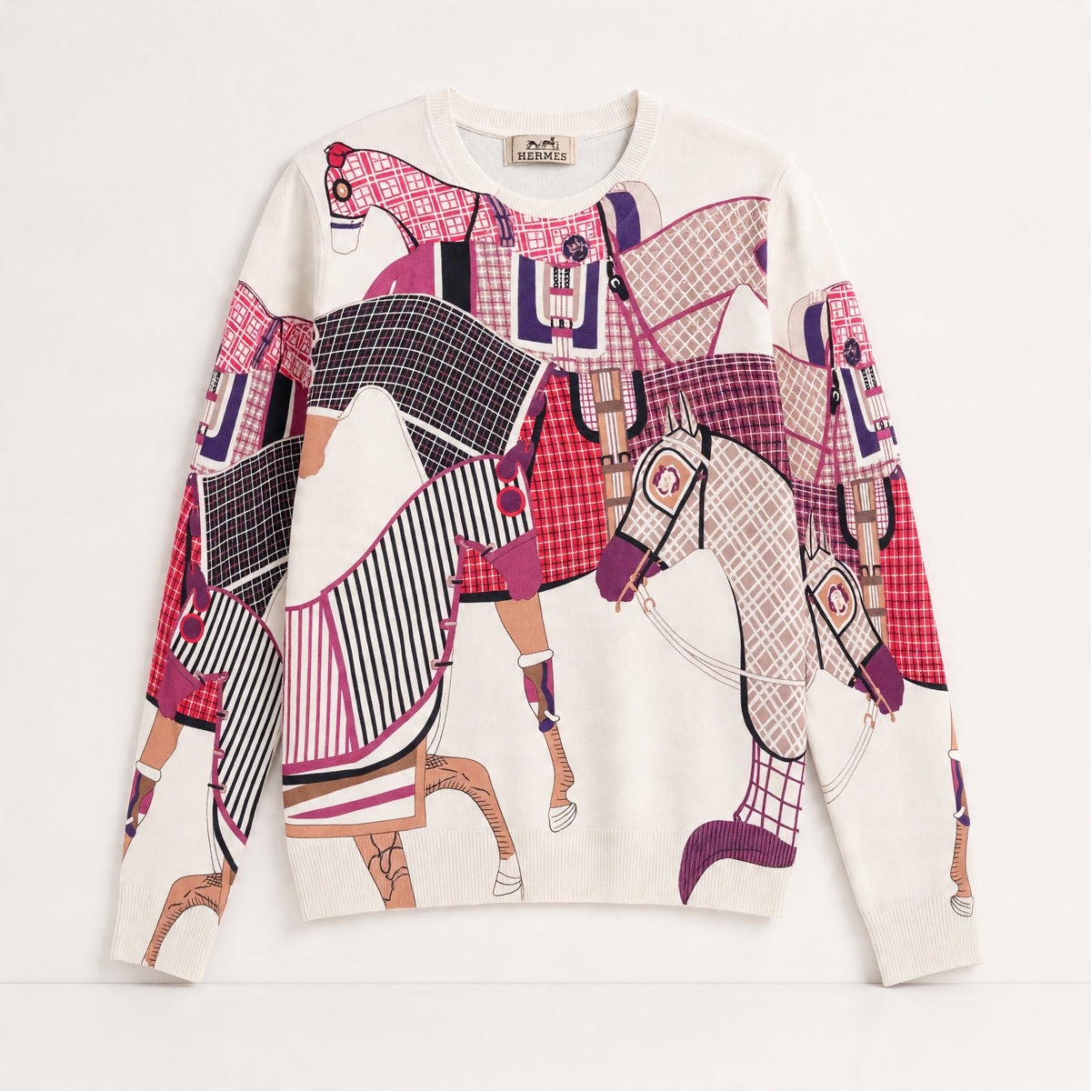 Hermès cream crewneck sweater with pink and purple equestrian print
