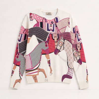 Hermès cream crewneck sweater with pink and purple equestrian print