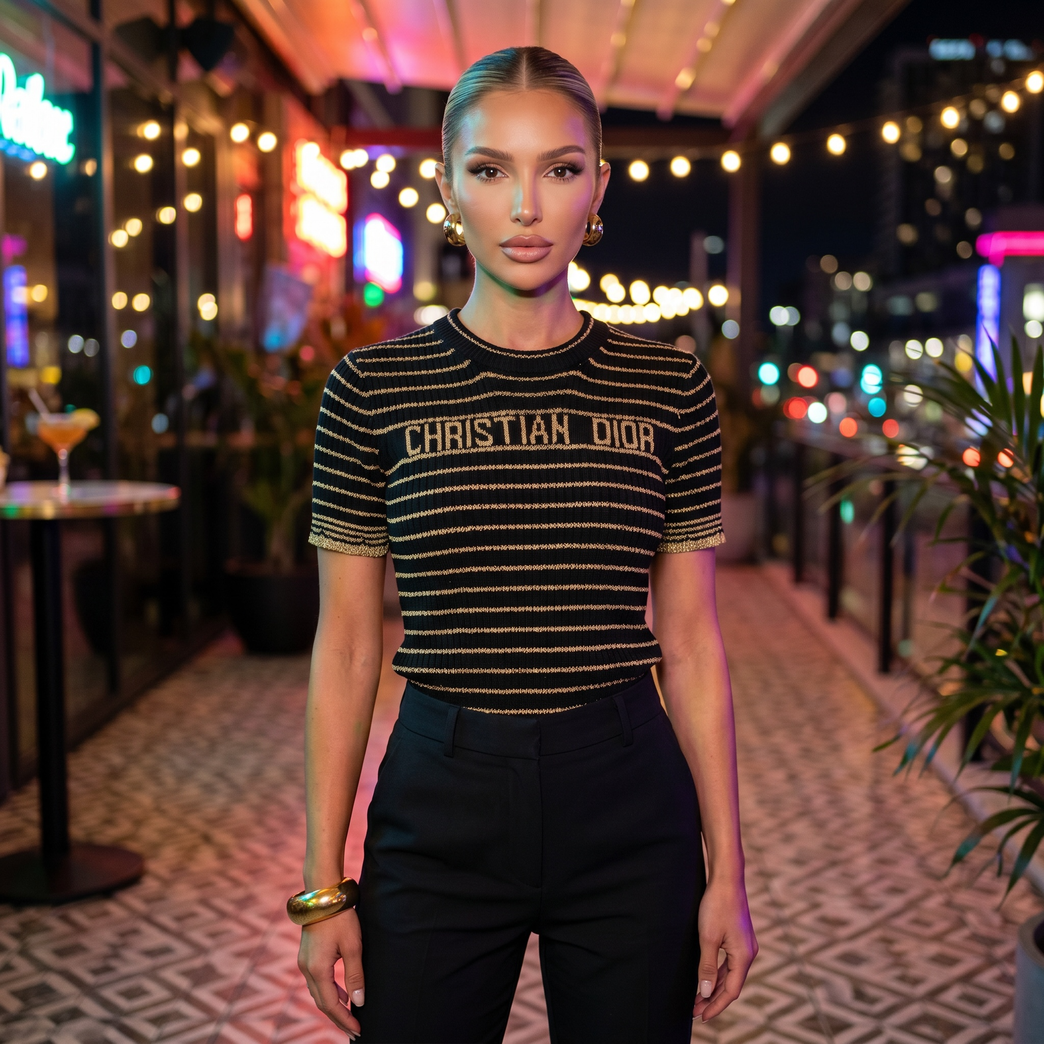 ✨ Christian Dior Metallic Stripe Knit Top – Black & Gold