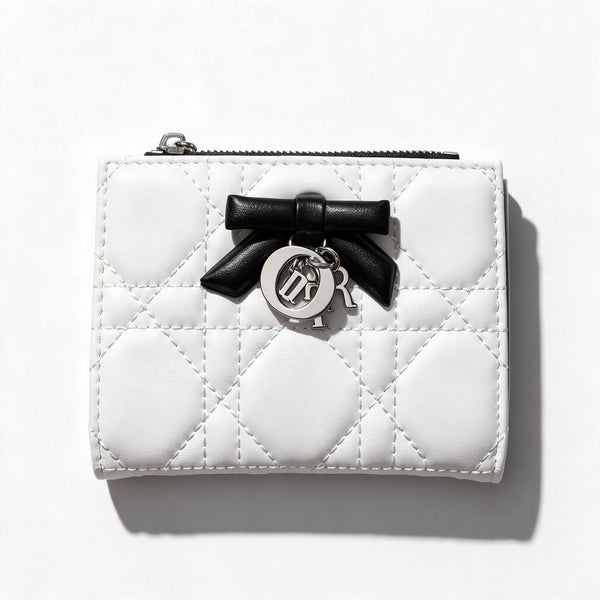 Dior Quilted Bow Compact Wallet – White/Black 🖤🤍
