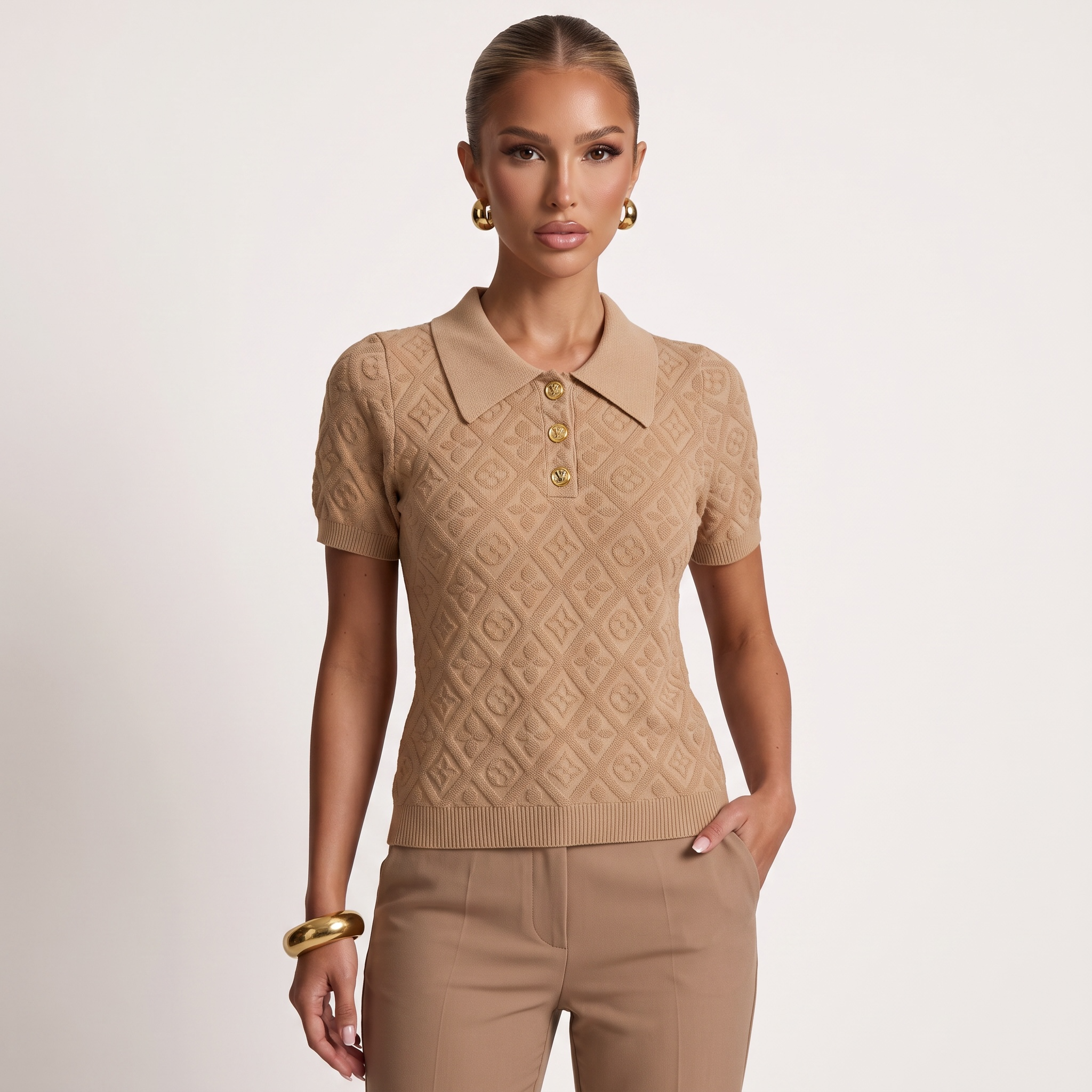🤎 Louis Vuitton Monogram Knit Polo Top | Camel | One Size