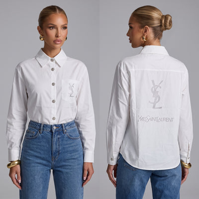 Saint Laurent white button-up shirt with crystal YSL logo on pocket and down back