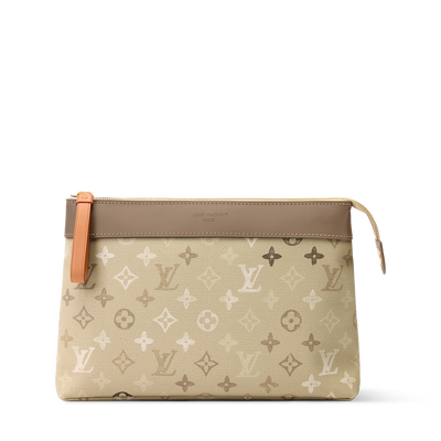 Louis Vuitton beige monogram zipper pouch with tan trim and wrist strap