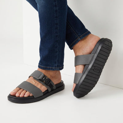 Dior grey two-strap slide sandals with buckle and ridged sole