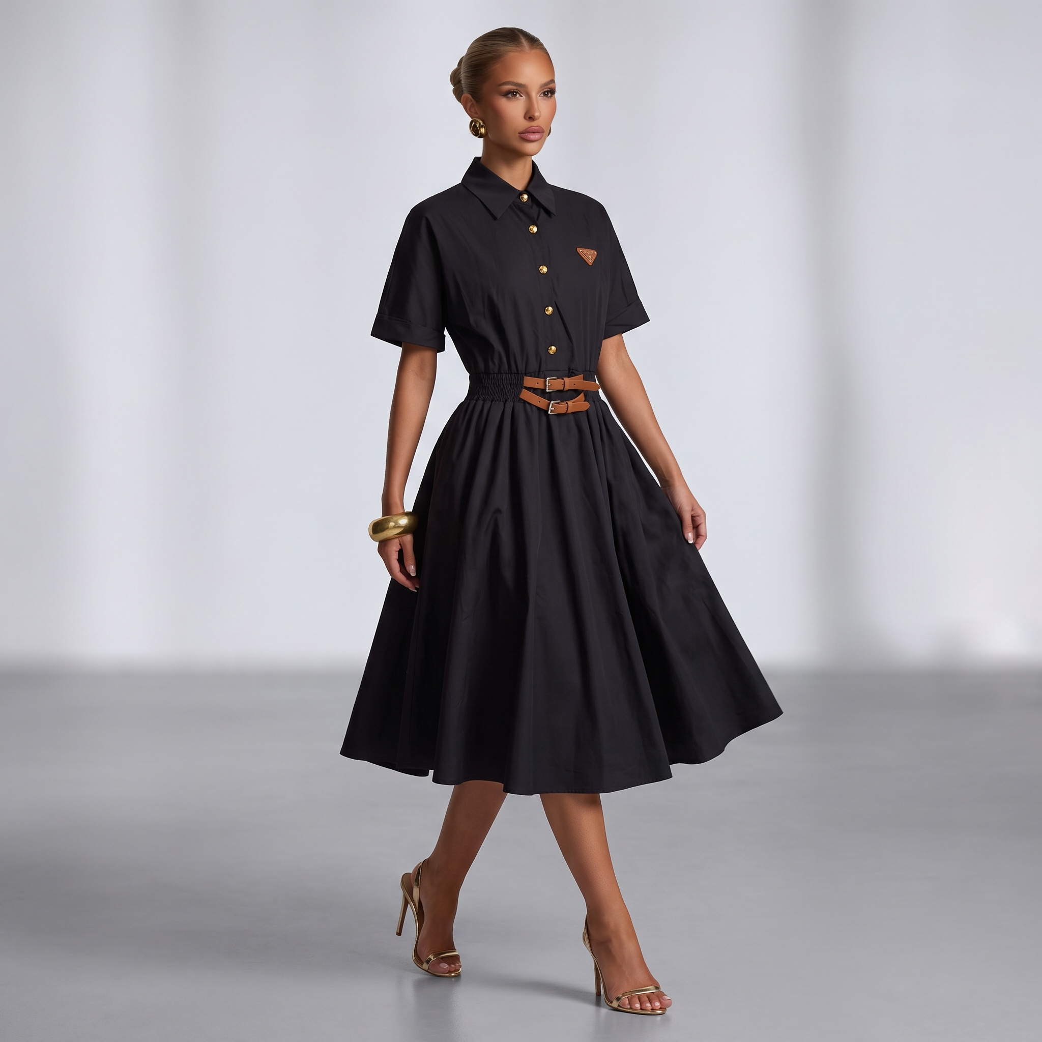 🖤 Prada Belted Shirt Midi Dress – Black one size