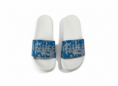 Alexander McQueen Urban Graphic Slide Sandals – Blue & White Luxury Streetwear 💙✨