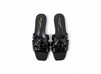 SAINT LAURENT Interlaced Patent Slides 🖤✨ | Glossy Statement Flats