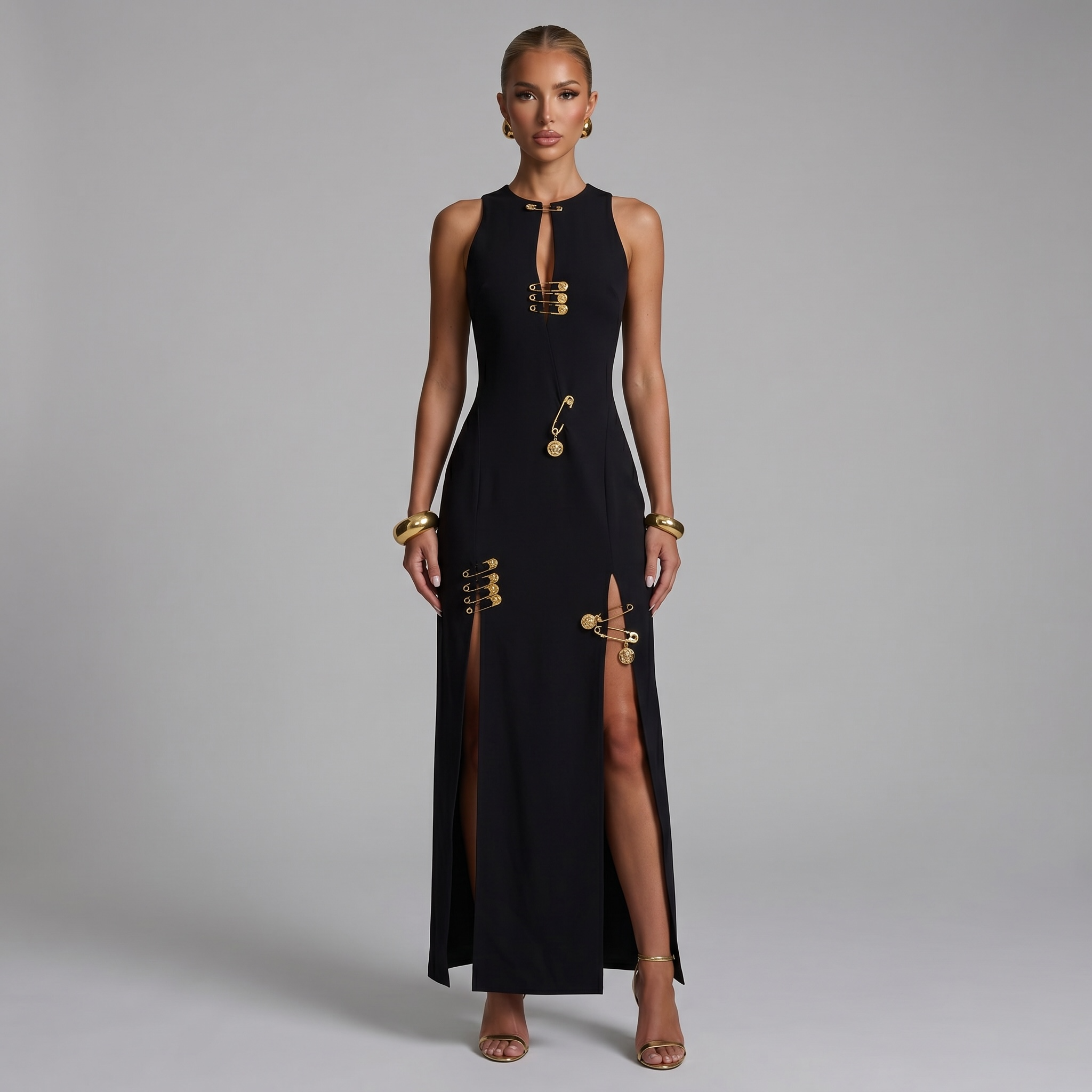 Versace Black Safety Pin Midi Dress 🖤✨