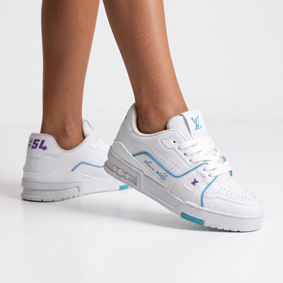 White Louis Vuitton low-top trainer with turquoise and purple accents, LV logo on tongue and embossed monogram