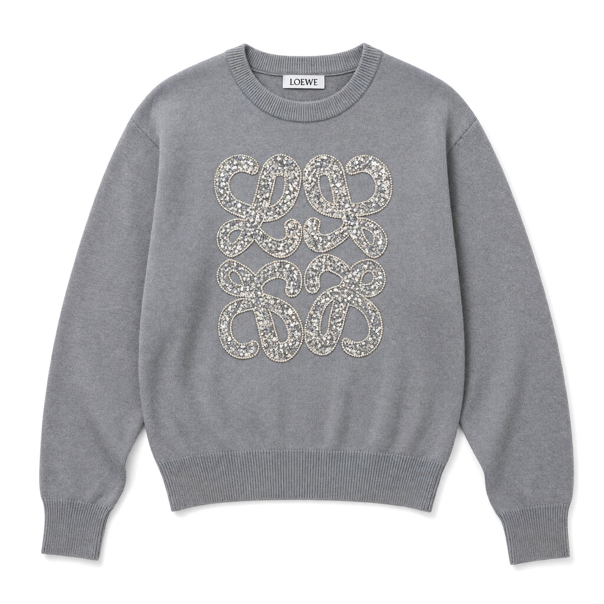 grey Loewe crewneck sweater with crystal Anagram motif