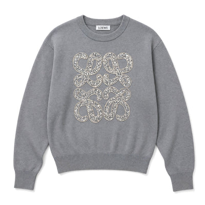 grey Loewe crewneck sweater with crystal Anagram motif