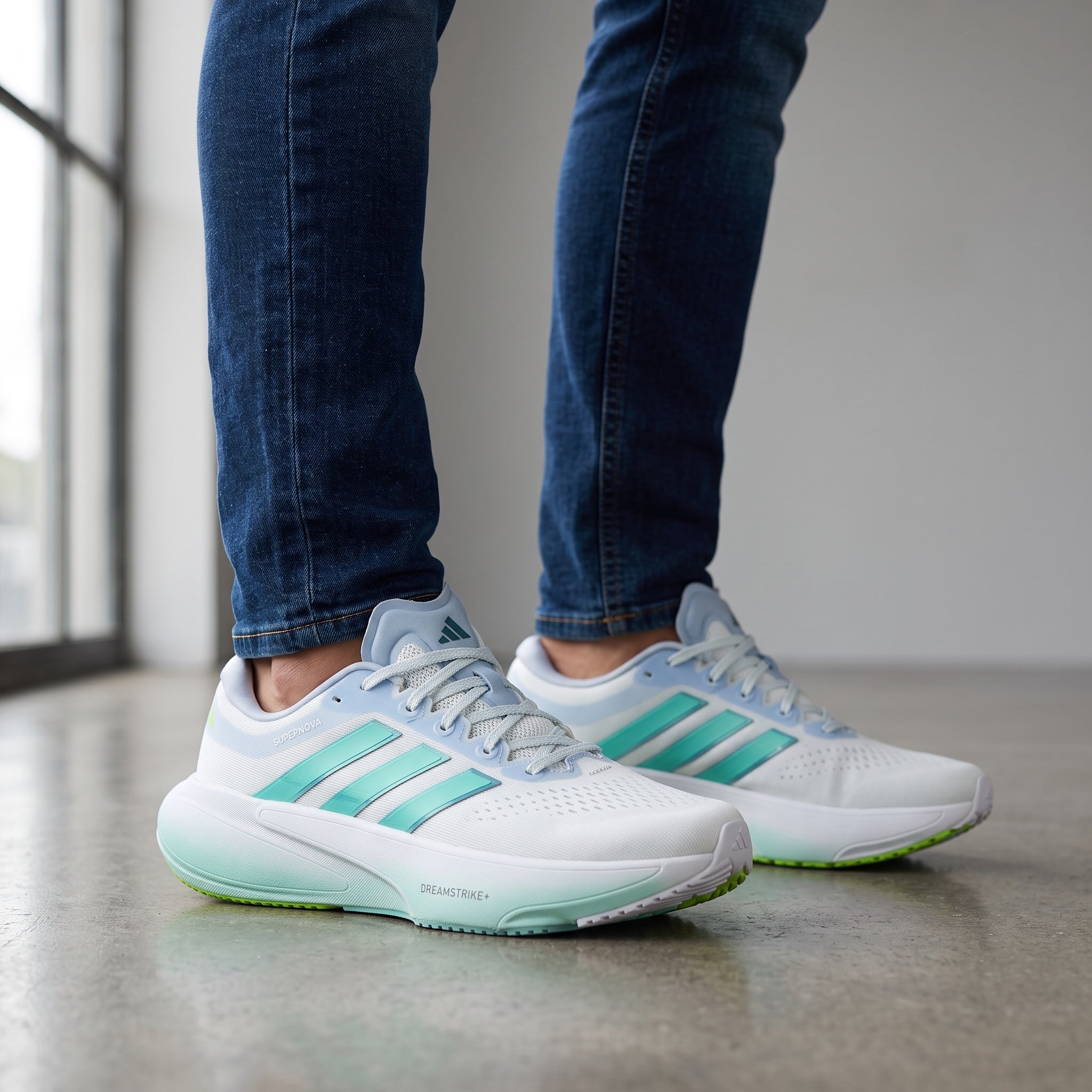 Adidas Supernova white sneakers with teal stripes and cushioned sole