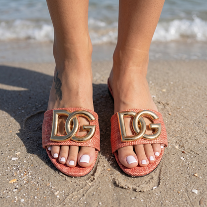 Dolce & Gabbana DG Raffia Slide Sandals – Blush Pink 🌸✨