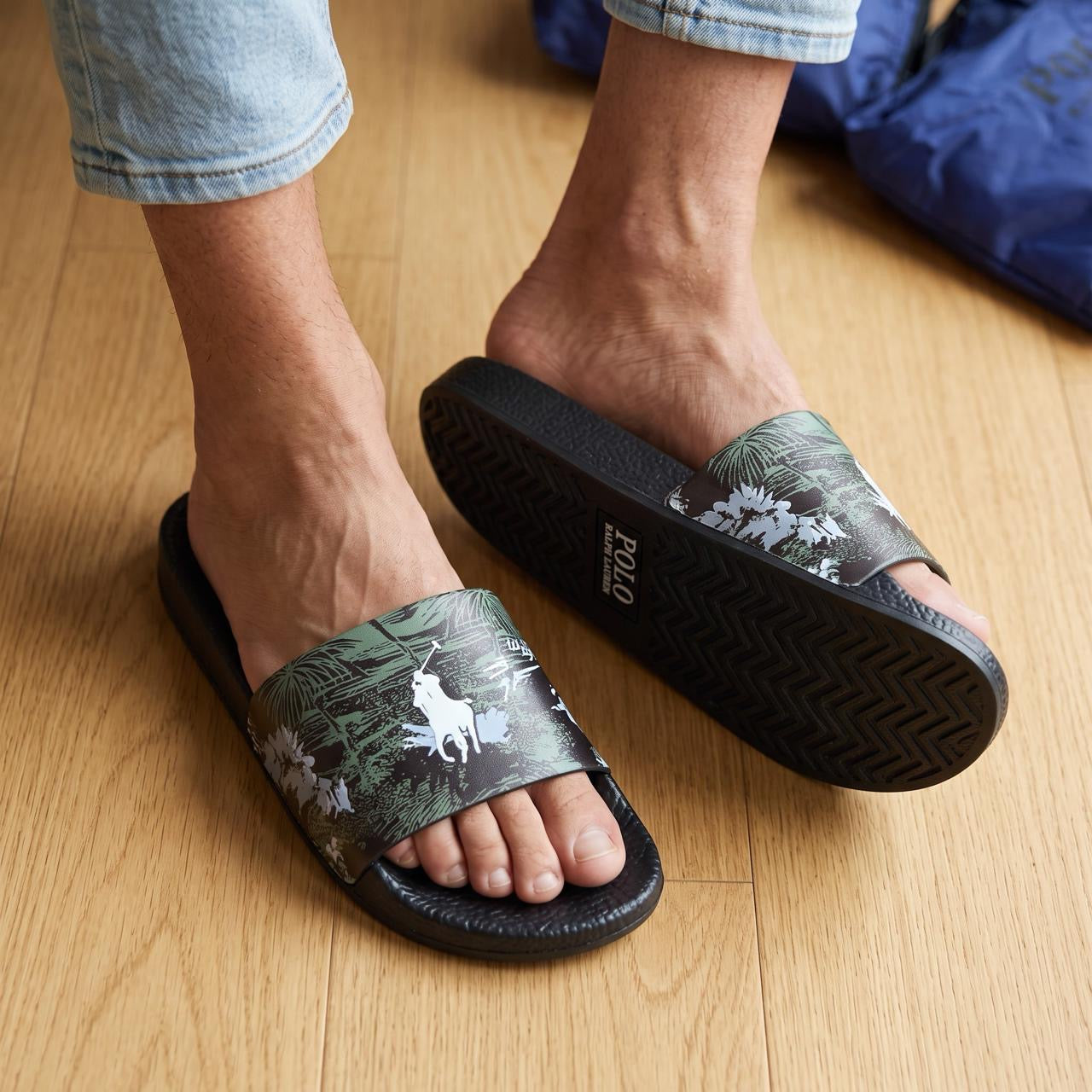 Polo Ralph Lauren tropical print black slide sandals with Polo pony logo on strap