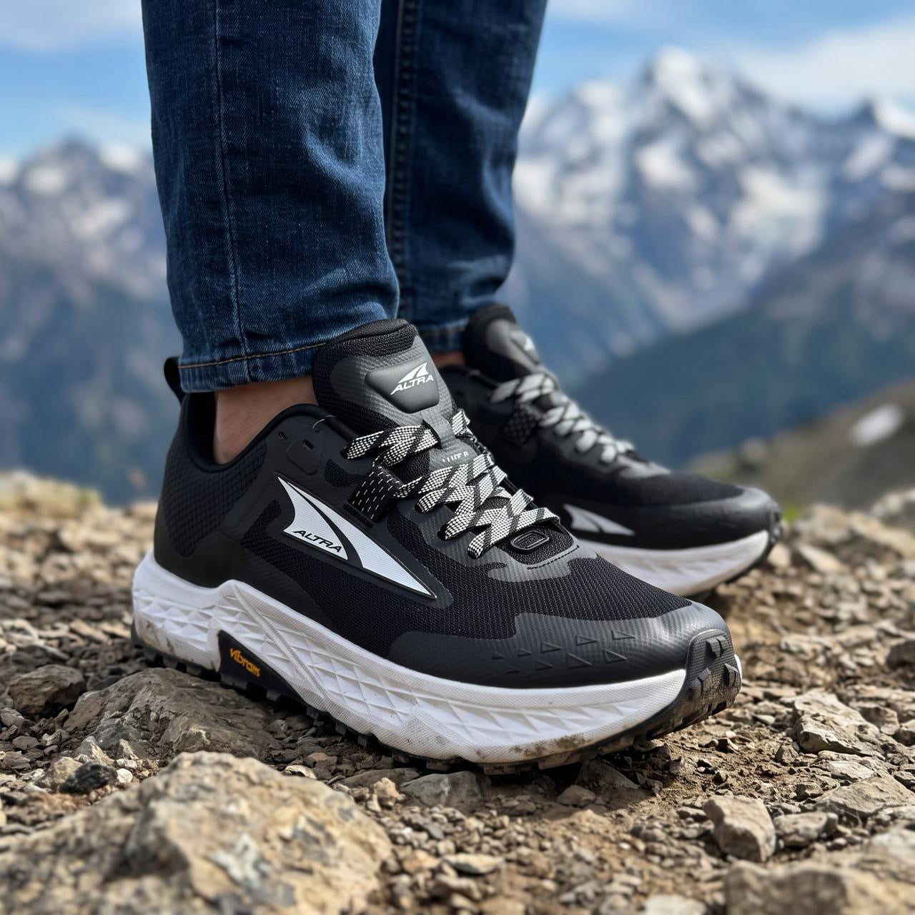 Altra black and white trail running shoes with Vibram outsole