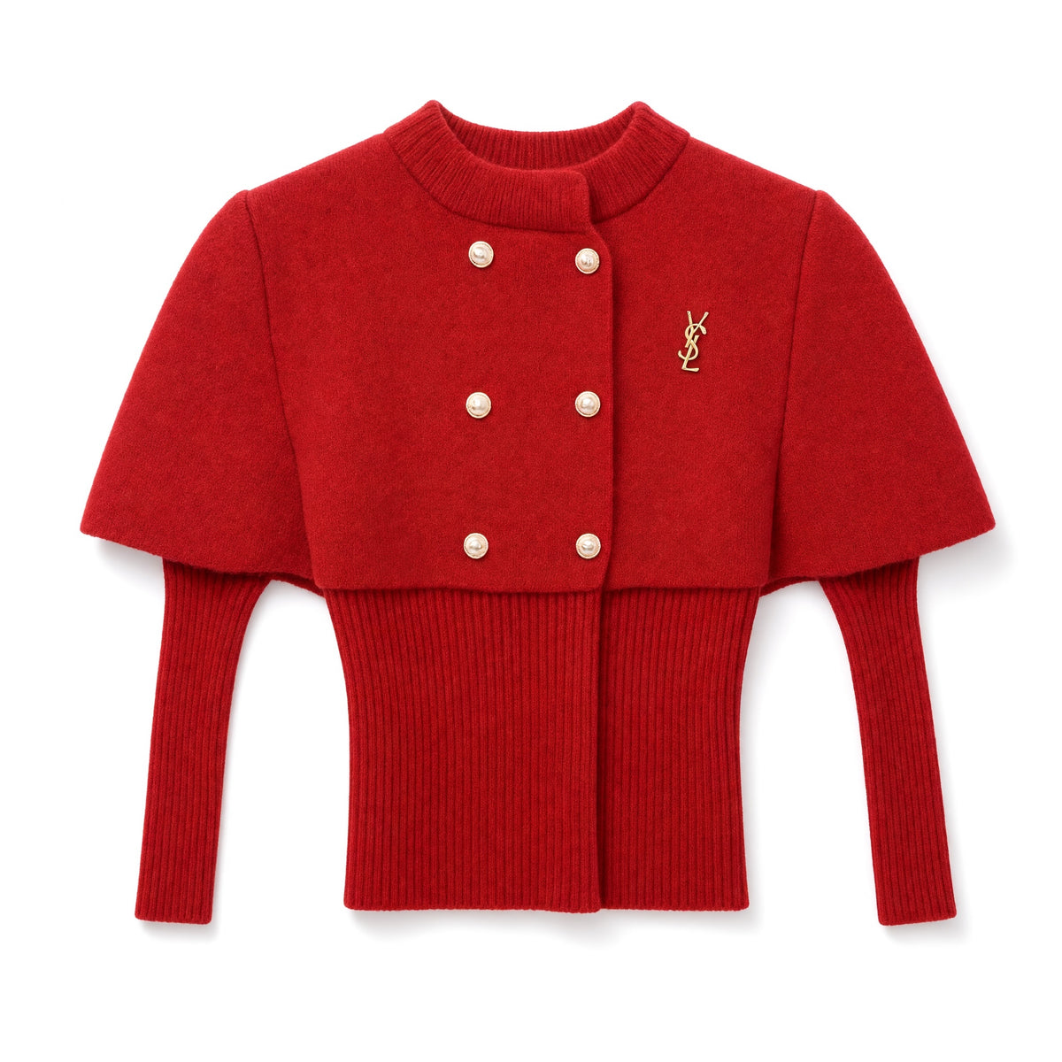 Saint Laurent red cropped cape sweater with gold YSL plaque and double-breasted buttons