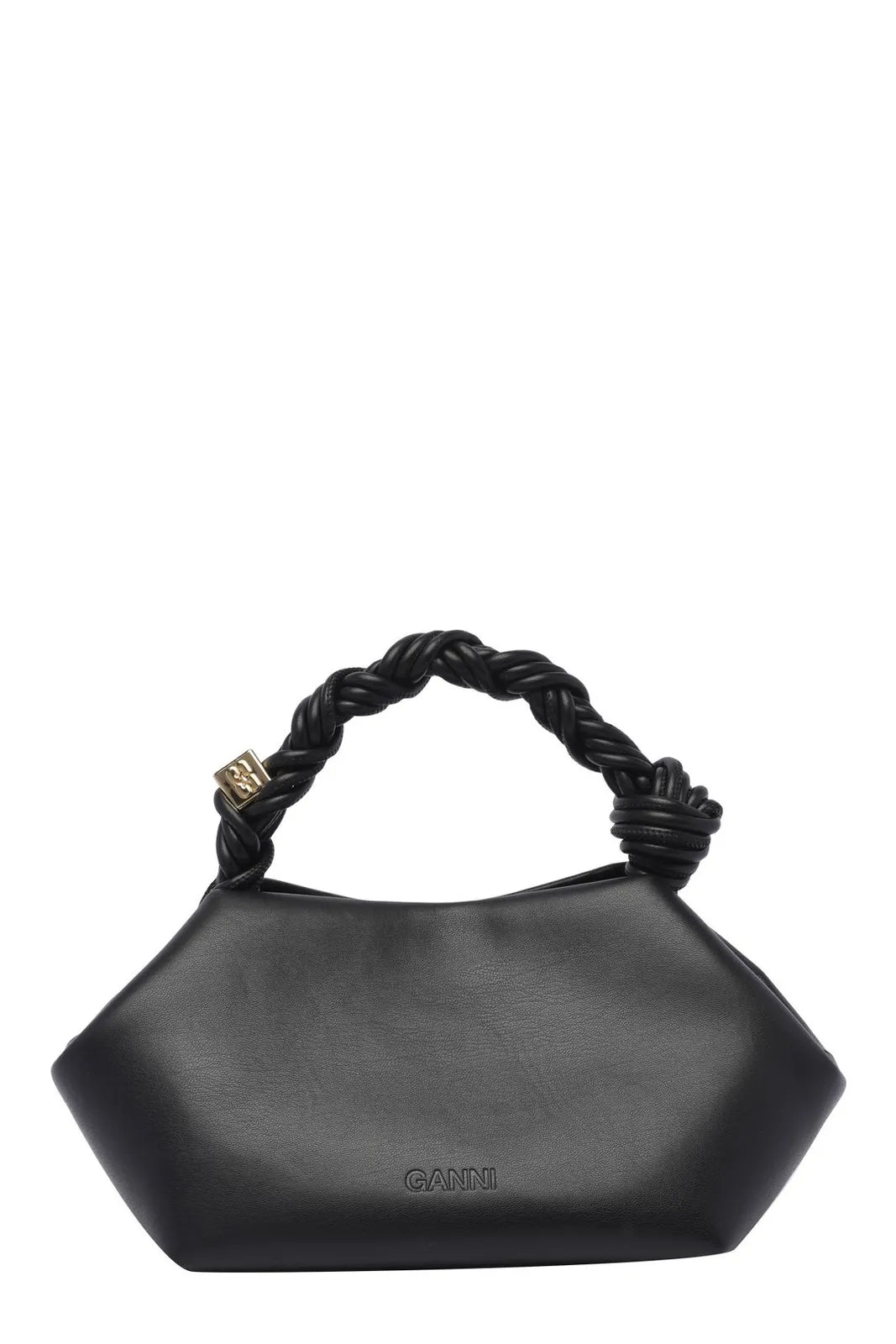 Ganni black top-handle bag with braided handle and gold cube detail