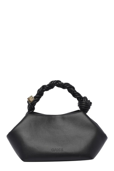 Ganni black top-handle bag with braided handle and gold cube detail