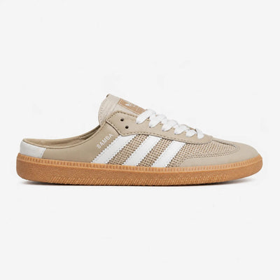 Adidas Samba Mule backless sneaker in sand beige with white stripes and gum sole