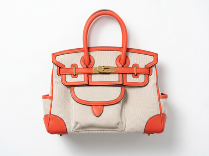 🧡 Hermès-Inspired Canvas Tote Bag – Orange Trim Luxury Statement Handbag