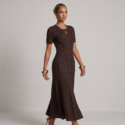 chocolate brown knit cardigan-style midi dress with pleated skirt and patch pockets