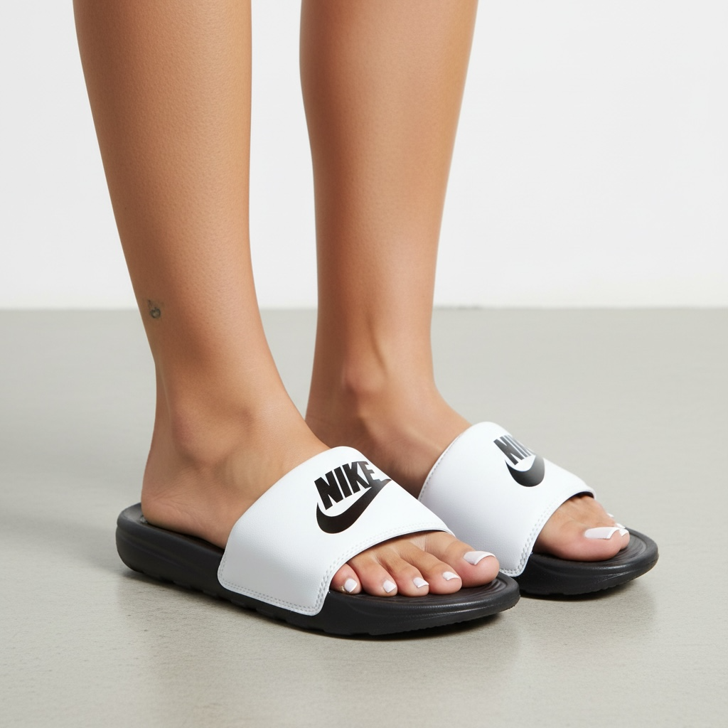 White Nike slide sandals with black footbed and black Nike logo on strap
