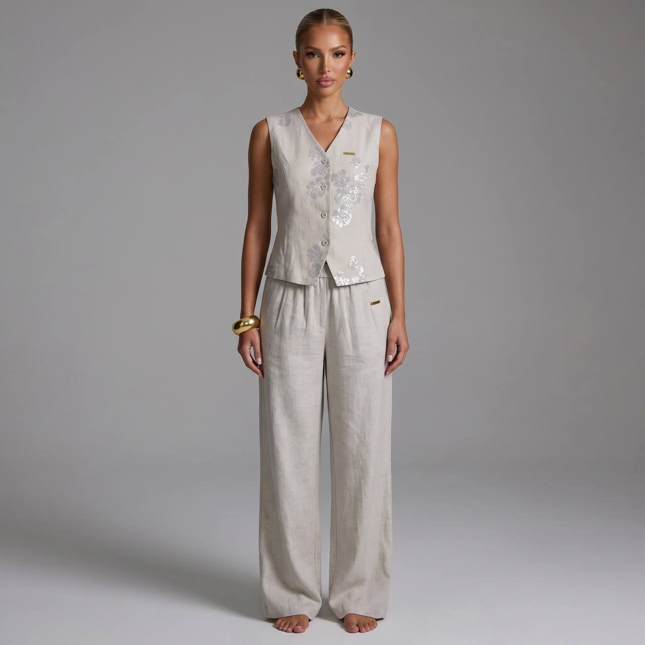 Loro Piana Linen Blend Embroidered Co-Ord Set – Natural Beige 🤍✨