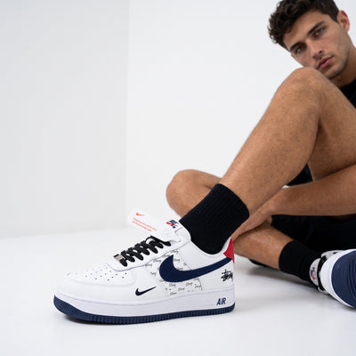 Nike Air Force 1 Low white navy red with Stussy logo